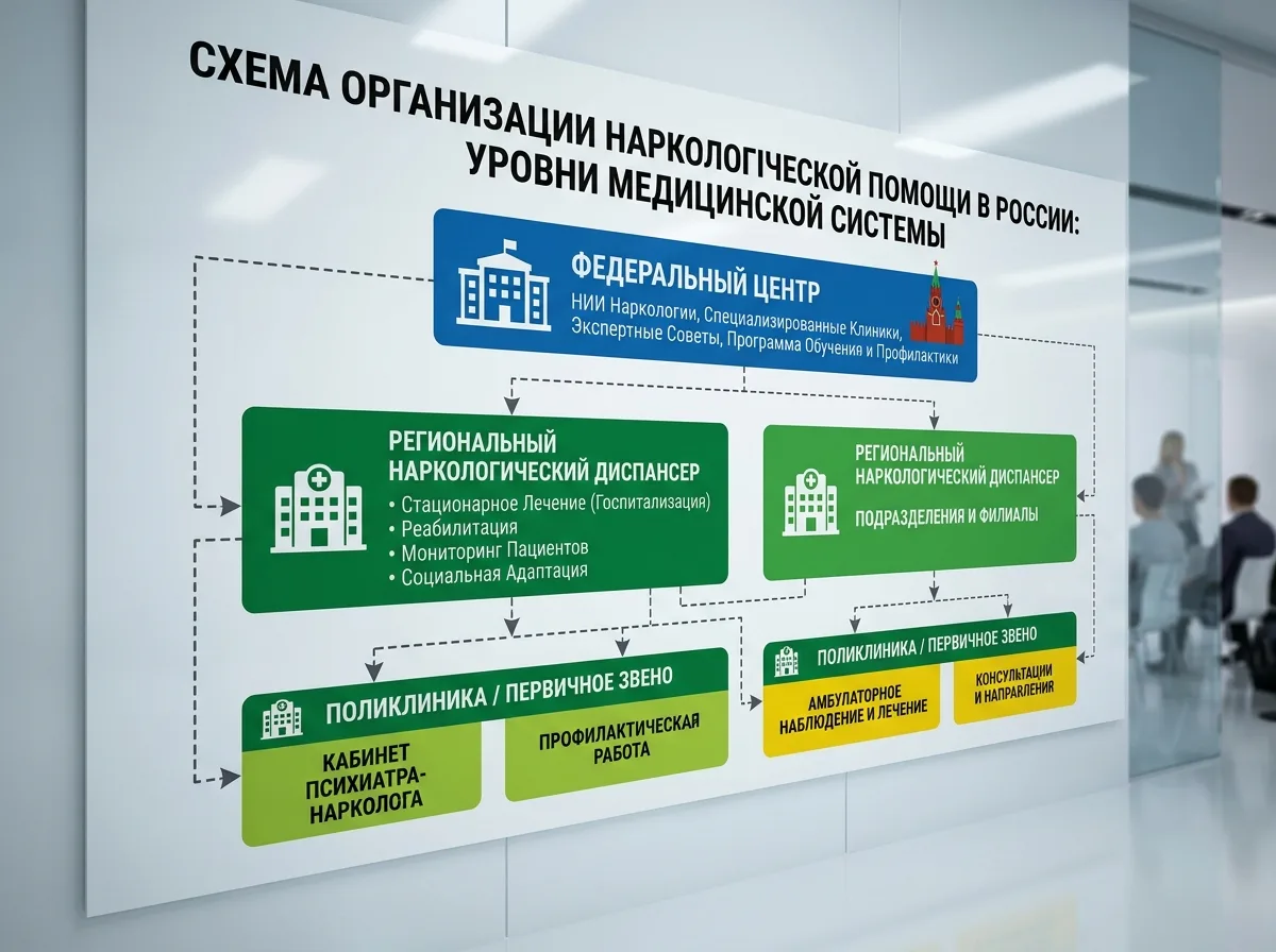 Схема организации наркологической помощи в России: уровни медицинской системы — поликлиника, диспансер, федеральный центр