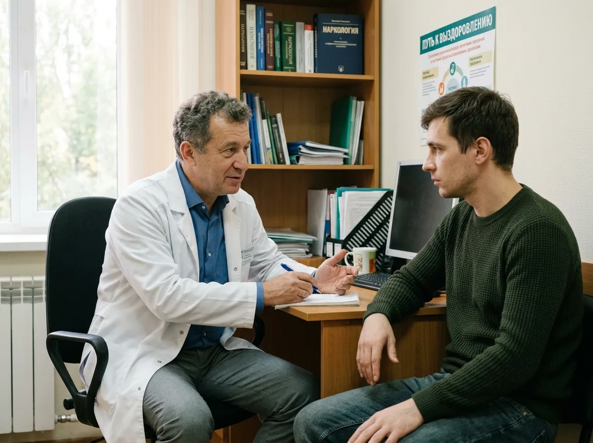 Врач-нарколог проводит консультацию пациента в кабинете наркологического диспансера, медицинская обстановка